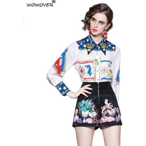 Fashion Summer Runway 2 Piece Set Women Long Sleeve Print Blouse and High Waist Shorts Suit Office Lady Casual Holiday Outfits