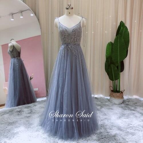 Sexy Spaghetti Straps Blue Dubai Evening Dress 2021 Luxury Crystal Pearls Long Graduation Prom Dresses Women Wedding Party Gowns