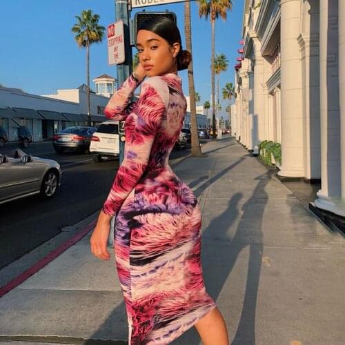Toplook Print Tie Dye Sexy Dress Long Sleeve Colorful Midi Dresses Autumn Winter Women Bodycon Party Casual Outfits Clothes