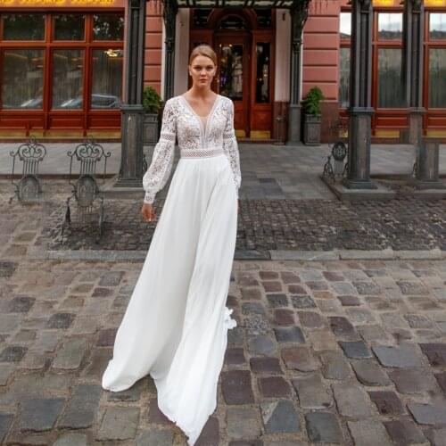Long Puff Sleeves Hippie Beach Boho Wedding Dress V Neck Lace Chiffon A Line 2021 Backless Bridal Gowns Custom Made No Train