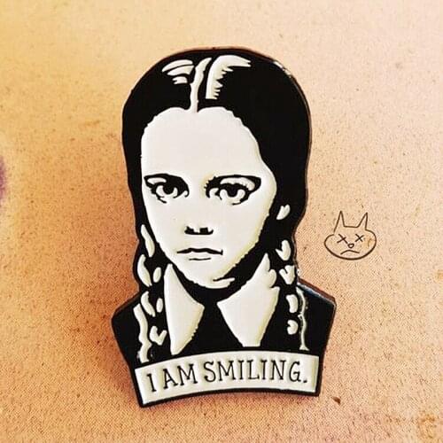 Wednesday Addams I Am Smiling Enamel Brooch Pin Backpack Hat Bag Lapel Pins Badges Women Mens Fashion Jewelry Accessories