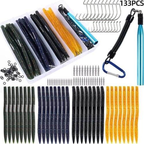 133pcs/set Noodle Worm Soft Lure Bait Set Tungsten Steel O Silicone Ring High Quality Artificial Tackle Fishing Accessories