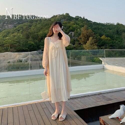 2020 New Korean Bowknot Dress And Hollow Lace Long Style Coat Women Sets