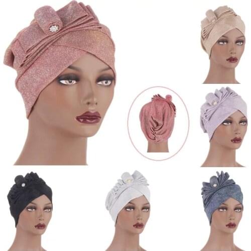 2021 NEW Turban Muslim Hijab Bonnet Women Head Wraps Turbante Mujer curling flower with bright silk headscarf hat Auto Gele