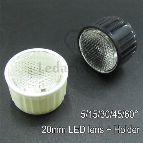 50 set 20mm LED Optical Lens + White Lens Holder or Black Lens Holder Angle 5 15 30 45 60 Degree For 1w 3w High Power LED