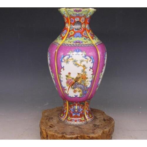 7Antique QinggDynasty porcelain vase,Enamel flowers &Birds wishful bottle Hand-painted crafts,Collection&Adornment,Free shipping
