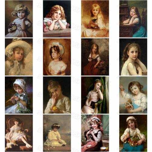 Diamond Art Painting Western Realistic Oil Painting of a Little Girl with Blonde Curly Hair and White Skin with Big Eyes Poster