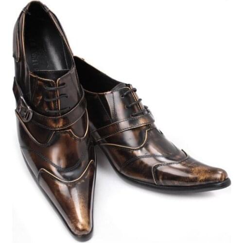 Christia Bella British Style Pointed Toe Mens Brogue Shoes Male Buckle Genuine Leather Shoes Fashion Men Party Heighten Shoes