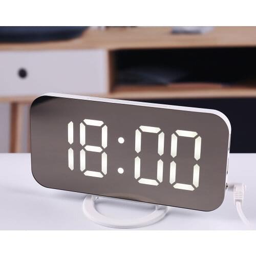 Alarm Clock Digital Electronic Smart LED Mirror Snooze Table 2 USB Output Ports Phone Charging Auto Adjustable Light Wall Watch