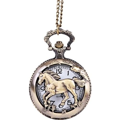 Retro trend bronze Chinese zodiac horse perspective pattern open white digital pocket watch mens and womens accessories belt c