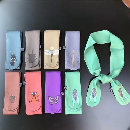 Designer New Silk Scarf Women Luxury Small Fresh Insect Pattern Ladies Turban Tied Bag Ribbon Hair band Long Scarves & Shawls M