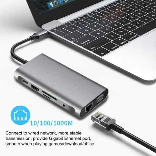 10 In 1 Type C HUB Multif Docking Station Hub HDMI-compatible Adapter With USB3.0*3+HDMI 4K+TF+SD+RJ45 +PD+Audio+VGA For MacBook