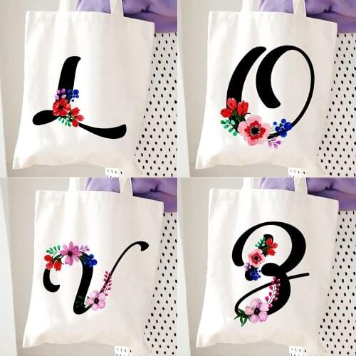 Ladies Canvas Shoulder Tote Bags English Alphabet Flower Print Handbags Casual Women Shopping Travel Storage Bag Girl Books Bag
