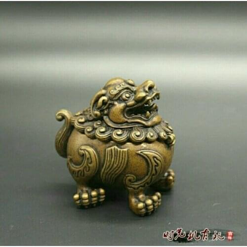 Chinese Antique Collection Brass Incense Burner Lion Ornaments Sculpture Statue