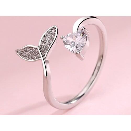 Trendy Silver Color Mermaid Tail Cuff Ring With Cubic Zirco Sea Whale Fish Tail Bague Love Heart Crystal Rings Romantic Gifts
