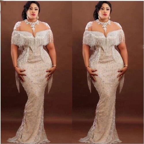 Sheer Neck Lace Tassels Prom Gown Abendkleider 2020 Couture Nigeria Mermaid Evening Dress Formal Dress Robe de soiree Plus Size