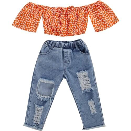 Citgeett Summer Outfit Orange Floral Printed Off-Shoulder Short Sleeves Top + Ripped Jeans Suits Toddler Girl 0-5Years
