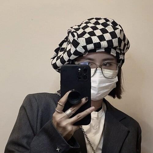 Fashion Japanese White Check Beret Octagonal Hat Female Autumn Thin Cute Cloud Newsboy Hat Korean Retro Female Painter Hat