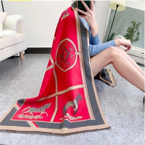 Fashion Winter Scarf Women Cashmere Warm Pashmina Foulards Lady Horse Carriage Print Scarves Wraps Thick Soft Bufanda Shawls