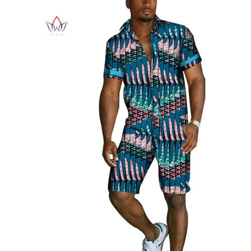 African Men Clothes Cotton Dashiki Men Short Sleeve T Shirt Top and Pant Set Bazin Riche Traditional African Men Trouser WYN1015