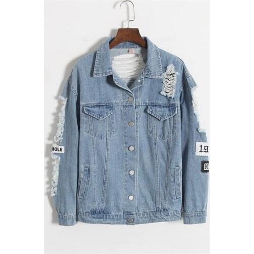 The New Fashion Korea retro washing frayed embroidery letter patch jacket Blue Ripped Distressed Denim Coat Female