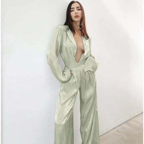 2021 Summer New Long-sleeved Loose Shirt Trousers Satin Ladies Suit Temperament Casual Fashion Two-piece Womens Clothing WF41