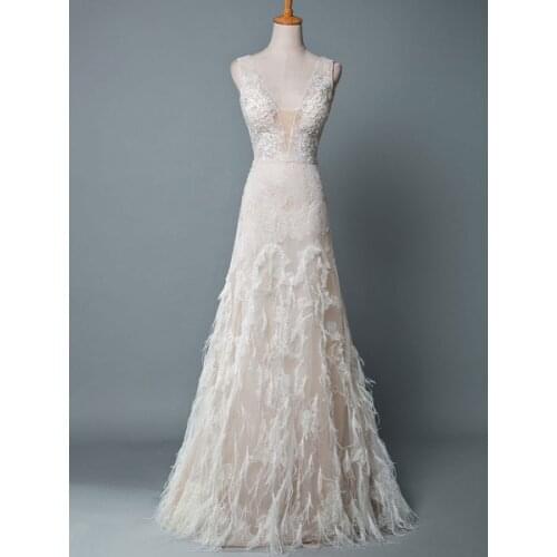 Simple Wedding Dress Lace A Line V Neck Sleeveless Beaded Floor Length Feather Bridal Gowns