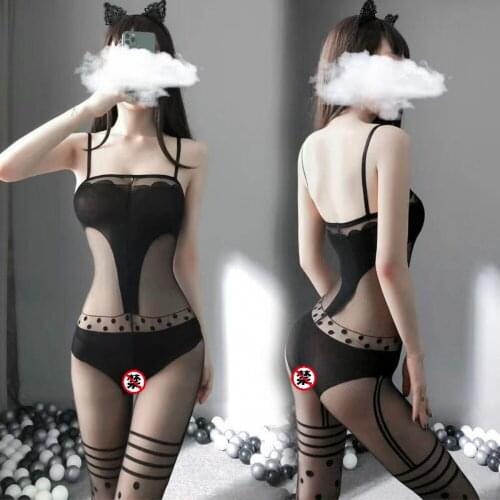 Sexy Lingerie Polka Dots Open Crotch High Elastic Stockings Cute Cat Cosplay Costume Erotica Sling Jumpsuits Bodysuits Underwear