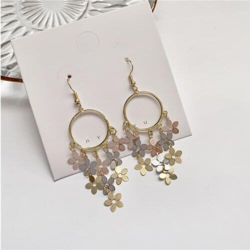 Cute Metal Circle Colored Flower Petal Tassel Drop Earrings Korean Hollow Round Pendent Earrings for Women GirlsEar Jewelry Gift