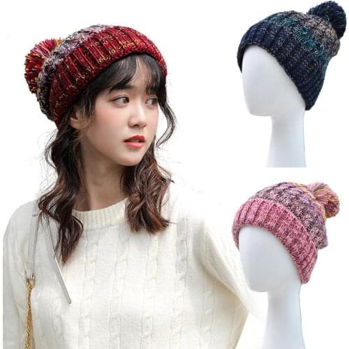 Women Fashion Color Block Knitted Pompom Beanie Hat Winter Thick Warm Skull Cap