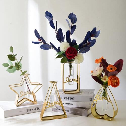 Nordic Iron Geometric Glass Glass Vase Gold Plated Flower Vase Tabletop Vase Flower Pot Home Wedding Decoration Ornament