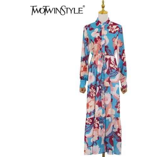 TWOTWINSTYLE Vintage Hit Color Dress For Women Lapel Lantern Long Sleeve High Waist Lace Up Slim Midi Dresses Female 2021 Spring