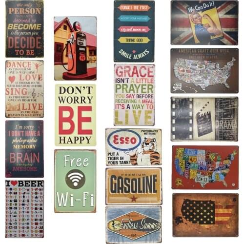 Vintage Metal Enamel Signs USA Signs Don't Worry be Happy Slogan Plate Bar Decoration