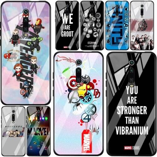 Marvel Avengers cute text logo For Xiaomi Redmi K40 K30 K20 9T 9C 9A 9 8A 7 Pro Plus Tempered Glass Luxury Cover Phone Case