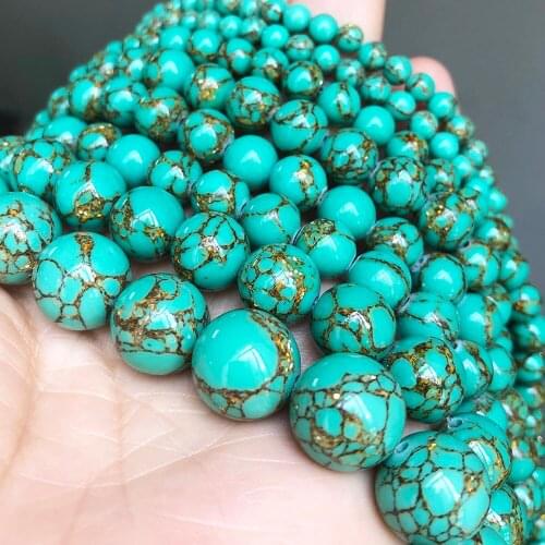 Green Gold Line Howlite Turquoises Bead Round Loose Spacer Accessories Stone Beads For Jewelry Making DIY Bracelet 4/6/8/10/12MM