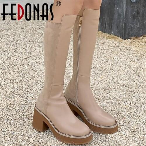 FEDONAS Autumn Winter Platforms Women Knee High Boots Genuine Leather Fashion Concise Thick Heels Casual Side Zipper Shoes Woman