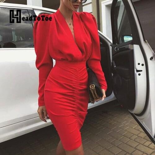 Long Sleeve V-neck Slim Waist Ruched Bodycon Dress Women Leg-of-Mutton Sleeve Plunge Party Dress Ladies Casual Solid Midi Dress