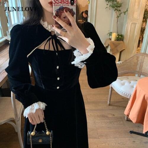 JuneLove Goth Lolita Dress Women Elegant Retro Patchwork Hepburn Party Midi Dress Female High Street Korean Designer Vestidos