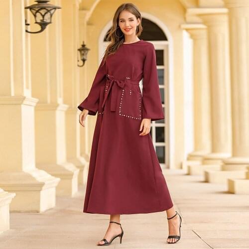 Red Diamond Pocket Casual Robe Arab Middle East Womens Dress Muslim Daily Home Wear Turkish Abaya Jilbab Dress Kaftan 2021