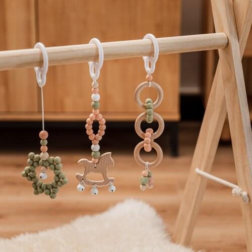 Baby Toys 1set/3pcs Play Fitness Wooden Beaded Trojan Horse Star Pendant Teething Care Baby Stroller 0-12 Months Baby Rattle Toy