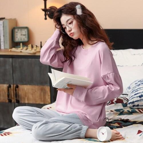 2021 Fashion Sleepwear Sleep Tops Full Length Pants Pajamas Set For Women Cotton Solid conjuntos de mujer pijamas Home clothes