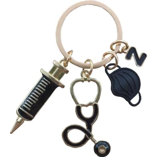 A-Z Black Letters Enamel KC Gold Plated Keychain Key Ring Stethoscope Medical Syringe Mask Style Hospital Nurse Jewelry Gift