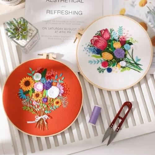 DIY Flower Embroidery Kit with Frame for Beginner Pattern Printed Cross-Stitch Set Handmade Sewing Arts Craft Handicraft Decor
