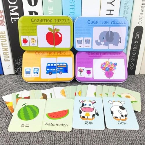 Baby Cognitive Puzzles Cards Box Montessori Pre Education Matching Toy Words Learning Flash Cards Animal Vehicles Table Game