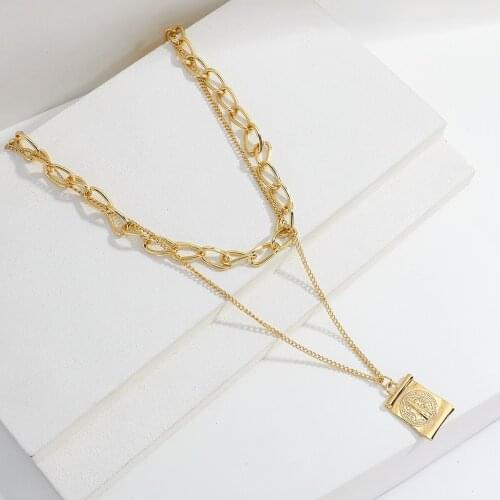 Lifefontier Punk Double Layer Chain Geometric Pendant Choker Necklace for Women Gold Color Metal Long Chain Necklace Jewelry