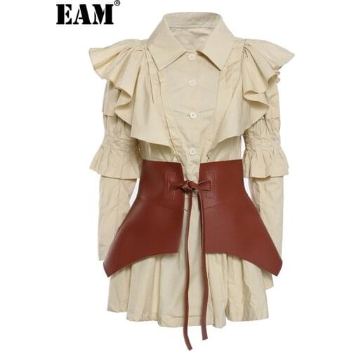 [EAM] Women Yellow Ruffles Split Joint Irregular Dress New Lapel Long Sleeve Loose Fit Fashion Spring Autumn 2021 1DA401