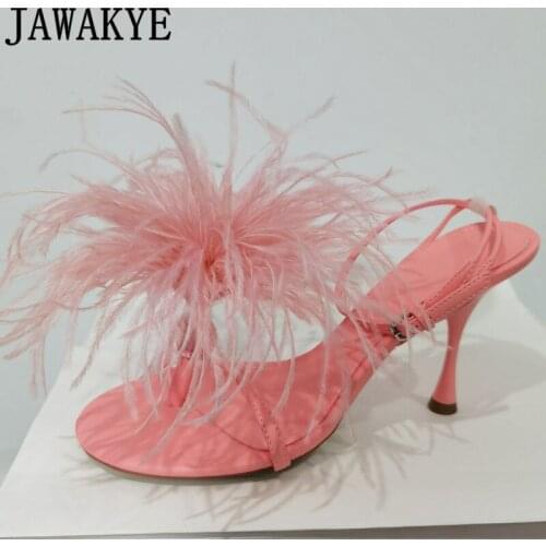 Summer Hot Sale Feather Sandals Woman Sexy Open toe Ankle Buckle Plus Size fur Dance Party Shoes Hairy High Heel Shoes mujer
