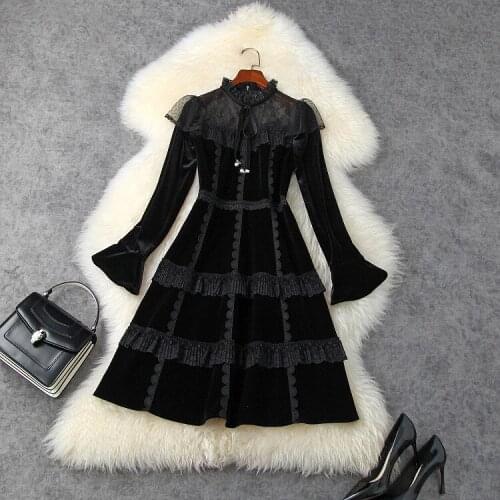 And American womens European wear 2021 winter new style Horn sleeve long sleeve collar Fashionable lace patchwork velvet dress