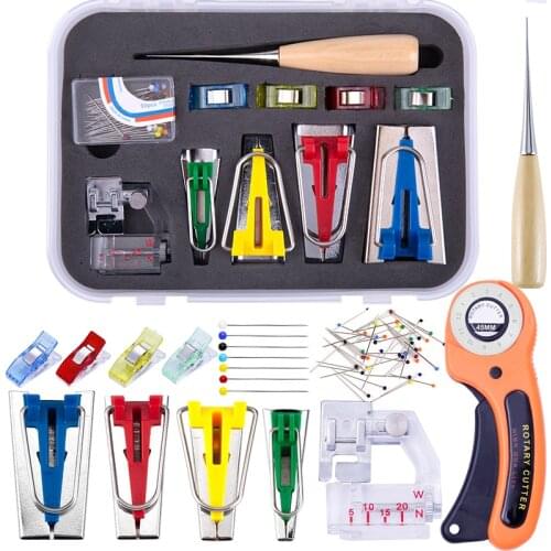 KAOBUY 61Pcs Leather Cutting Tools 45mm Rotary Cutter Sewing Clips Sewing Awl Fabric Bias Tape Maker Hemming Foot Kit