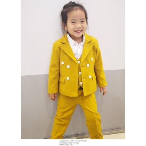 2021 New Boys Girls Yellow Formal Wedding Suit Kids Party Tuxedo Dress Clothing Set Childrens Day Pinao Performance Costume